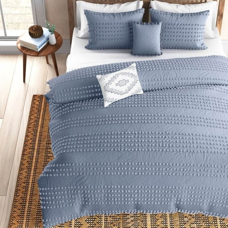 King size 5-Piece 100-Percent Cotton Clip Dot Boho Comforter Set in Denim Blue Q280-DDTH6743