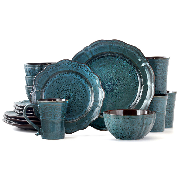 Elama Lavish Blue 16 Piece Dinnerware set with Complete Setting for 4 D970-EL-LAVISHBLUE16