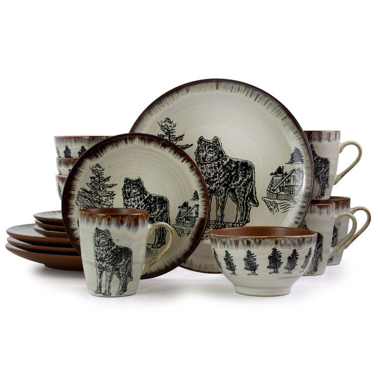 Elama Majestic Wolf 16 Piece Luxurious Stoneware Dinnerware with Complete Setting for 4 D970-EL-MAJESTICWOLF16