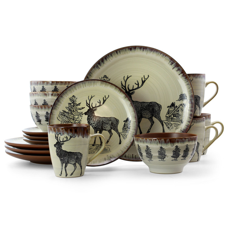 Elama Majestic Elk 16 Piece Luxurious Stoneware Dinnerware with Complete Setting for 4 D970-EL-MAJESTICELK16