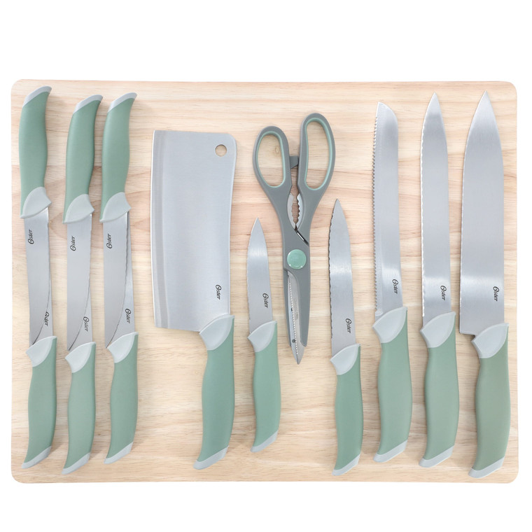 Oster Linbergh 14 Piece Stainless Steel Cutlery and Cutting Board Set in Green with Soft-Grip Handl D970-143720.14