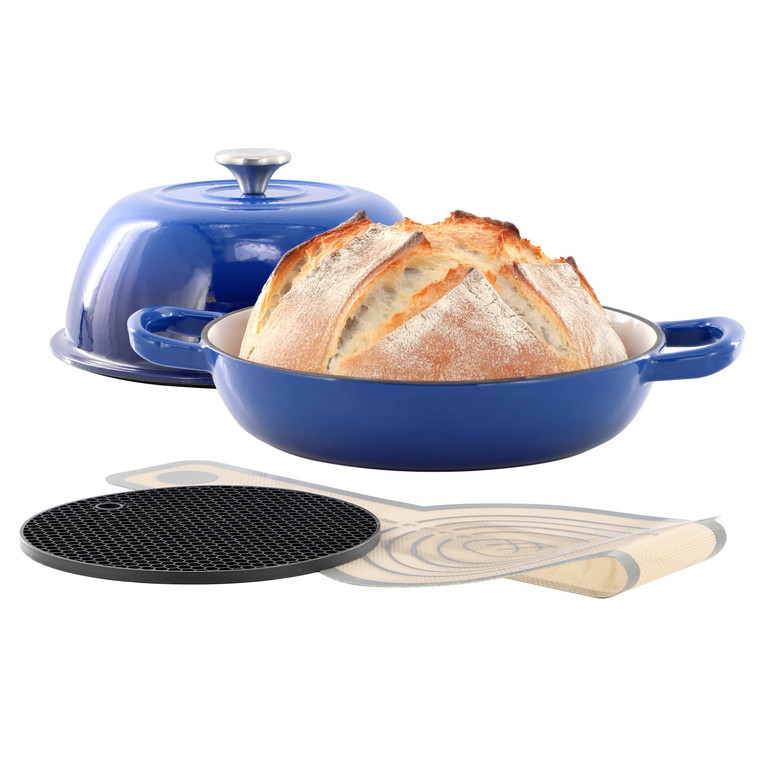 MegaChef 6 Quart Enameled Cast Iron Bread Pot in Blue with Baking Mat D970-MC-CIBP100-B