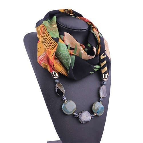 Gem and Stone Embellished Folk Style Autumn and Winter Fashion Women Chiffon Scarf Necklace - Black A392-fasn0477