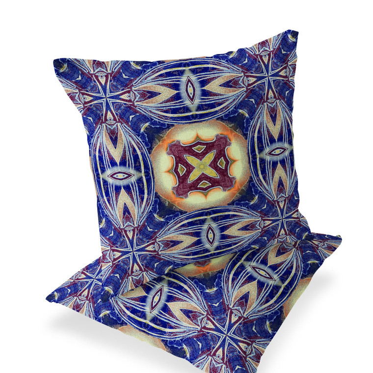 Set of Two 16" X 16" Blue and Orange Blown Seam Floral Indoor Outdoor Throw Pillow N270-535578