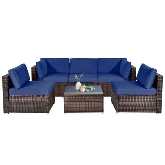 6 Pieces Patio Rattan Furniture Set with Cushions and Glass Coffee Table-Navy - Color: Navy D681-HW67937NYA+