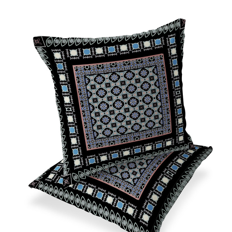 Set of Two 16" X 16" Black and Blue Blown Seam Floral Indoor Outdoor Throw Pillow N270-535453
