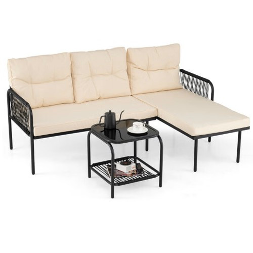 3-Piece L Shaped Patio Furniture Set PE Rattan Sectional Sofas-Beige - Color: Beige D681-NP12180BE