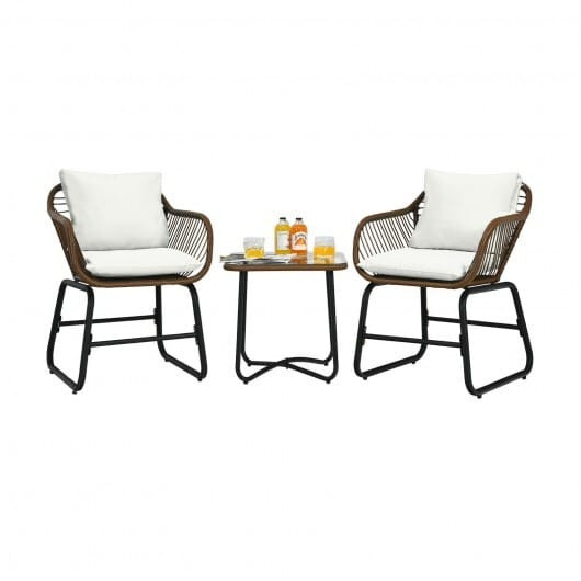 3 Pieces Patio Rattan Bistro Set Cushioned Chair Glass Table Deck-White B593-OP70838