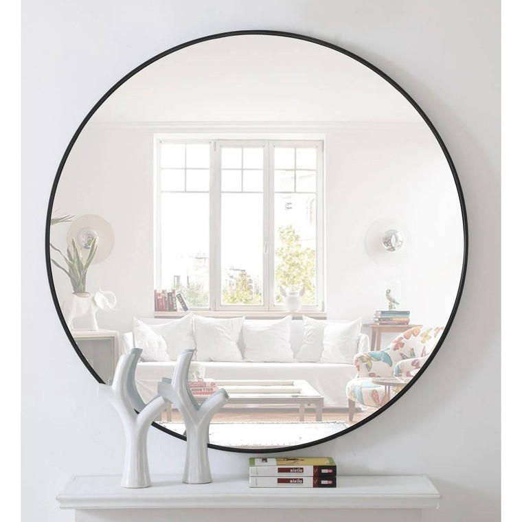 Round 42-inch Wall Mirror in Black - Living Room Bedroom Accent Bathroom Mirror Q280-BLFTWSMR13958173