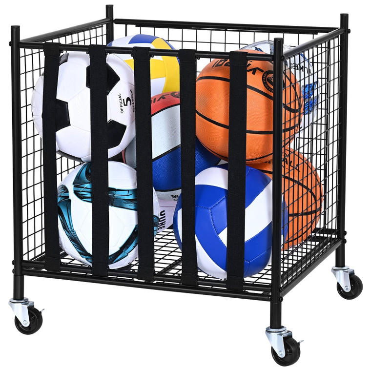  Rolling Sports Ball Storage Cart, Lockable Basketball Cage with Elastic Straps, Sport Equipment Ho E415-QL201922YCDL7UL46V0