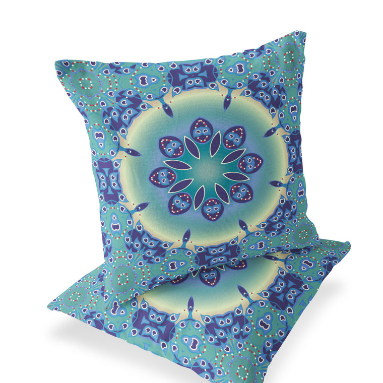 Set of Two 16" X 16" Blue and Purple Blown Seam Floral Indoor Outdoor Throw Pillow N270-535430