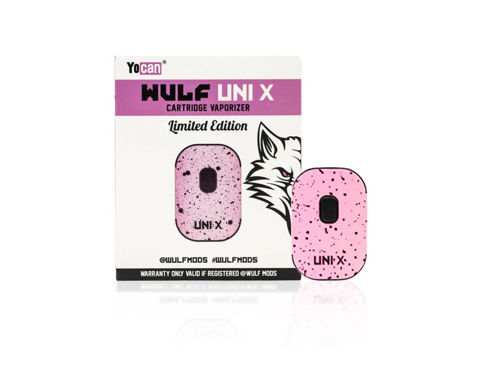 The Yocan Wulf UNI X Limited Edition is a compact 510 cartridge vaporizer with 4 voltage settings, USB-C charging, and a bold, collectible in Pink spatter design.