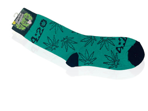 Blazing Buddies silly crew socks Digital 4:20 time green background with black pot leaves