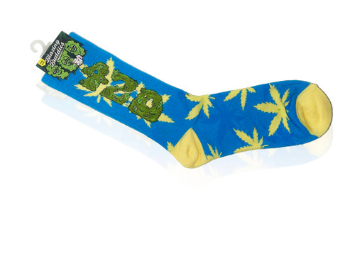 Blazing Buddies silly crew socks blue background with yellow pot leaves 420 spelt out in weed nuggets