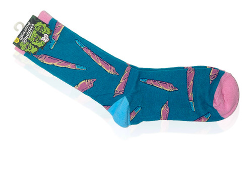 Blazing Buddies silly crew socks teal with pink accents with a purple joint pattern all over.