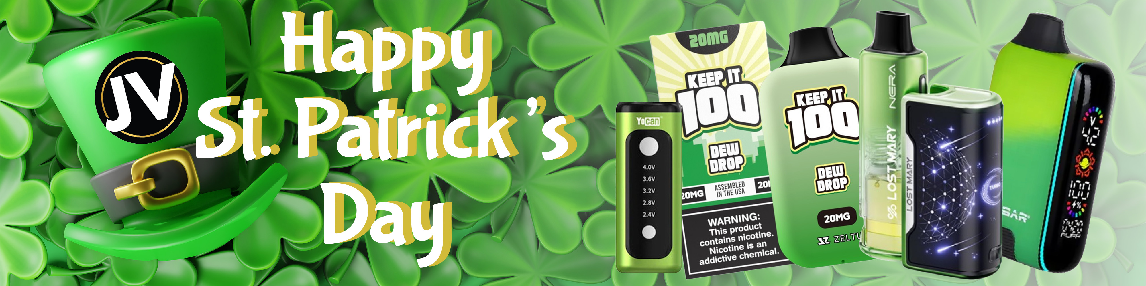 St. Patrick&rsquo;s Day vape and smoke shop sale banner featuring disposable vapes, nicotine pouches, grinders, accessories and bong gifts with shop now promotion.