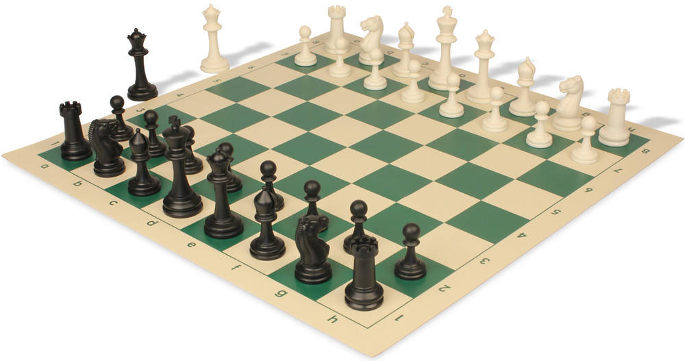 Master Series Plastic Chess Set Black & Ivory Pieces with Rollup Board - Green