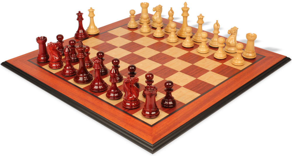 New Exclusive Staunton Chess Set Padauk & Boxwood Pieces with Padauk & Bird's Eye Maple Molded Edge Board - 3.5" King