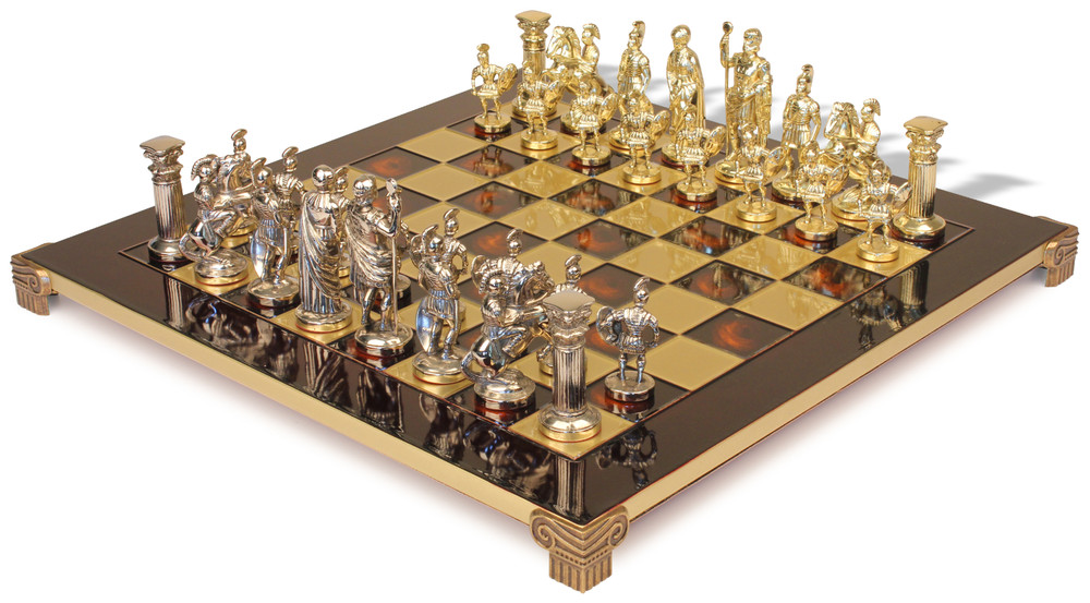 Romans Theme Chess Set with Brass & Nickel Pieces - Red Board