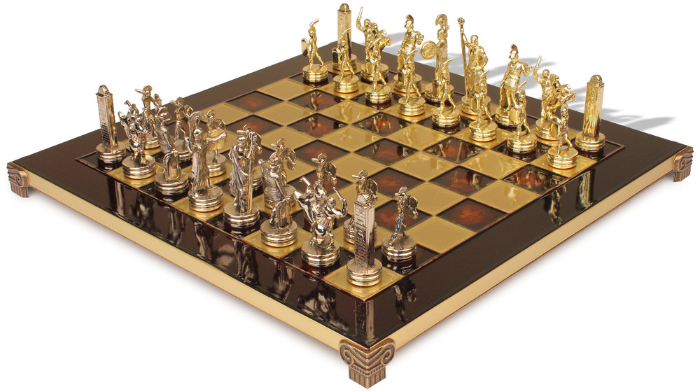 Manopoulos Archers Large Chess Set Red chess Board Brass&Nickel 