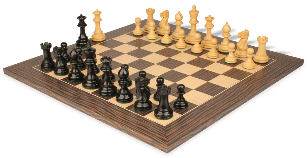 Parker Staunton Chess Set Ebonized & Boxwood Pieces with Deluxe Tiger Ebony & Maple Board- 3.75" King