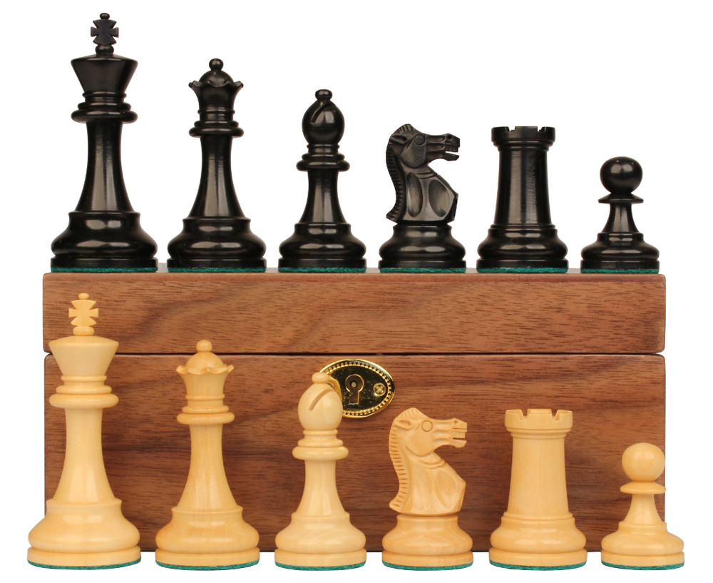 British Staunton Chess Set Ebonized & Boxwood Pieces with Walnut Chess Box - 3.5" King