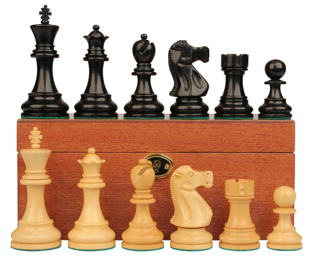 Deluxe Old Club Staunton Chess Set Ebony & Boxwood Pieces with Mahogany Chess Box - 3.75" King