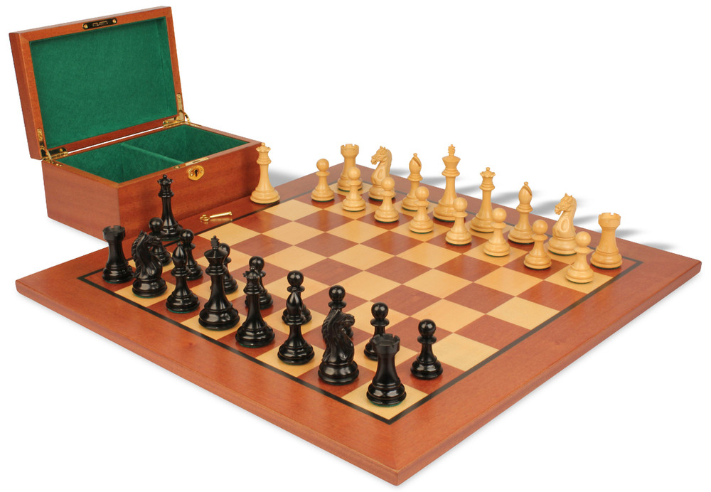 Fierce Knight Staunton Chess Set Ebonized and Boxwood Pieces with Mahogany Chess Board and Box 4" King