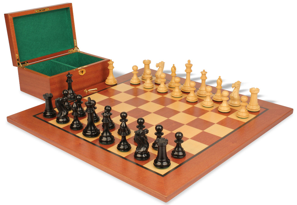 New Exclusive Staunton Chess Set Ebonized & Boxwood Pieces with Classic Mahogany Board & Box  - 4" King