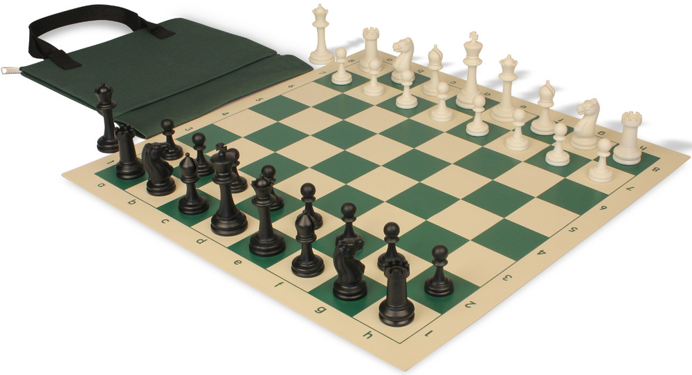 Master Series Easy-Carry Triple Weighted Plastic Chess Set Black & Ivory Pieces with Rollup Board - Green