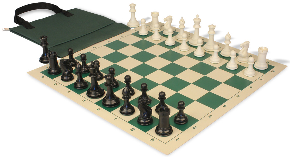 Conqueror Easy-Carry Plastic Chess Set Black & Ivory Pieces with Vinyl Rollup Board - Green