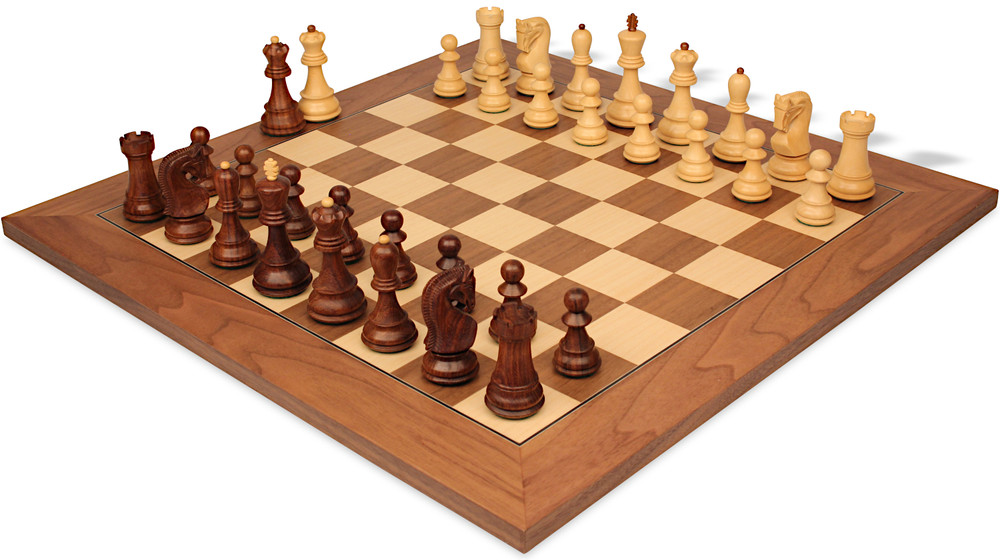 Zagreb Series Chess Set Golden Rosewood & Boxwood Pieces with Walnut & Maple Deluxe Board - 3.875" King