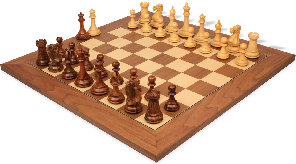New Exclusive Staunton Chess Set Golden Rosewood & Boxwood Pieces with Deluxe Walnut Chess Board - 3" King