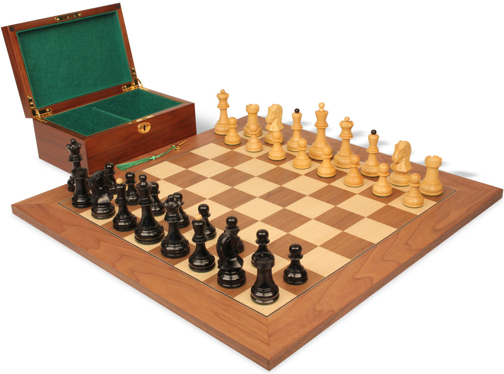 Dubrovnik Staunton Chess Set Ebonized & Boxwood Pieces with Walnut & Maple Deluxe Board & Box - 3.9" King