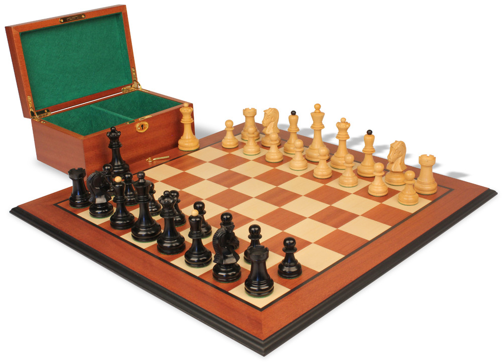 Dubrovnik Staunton Chess Set Ebonized & Boxwood Pieces with Mahogany Molded Edge Chess Board & Box - 3.9" King