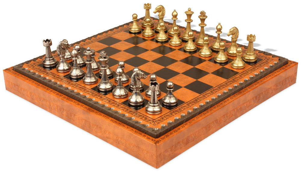Large Contemporary Staunton Solid Brass & Wood Chess Set with Faux