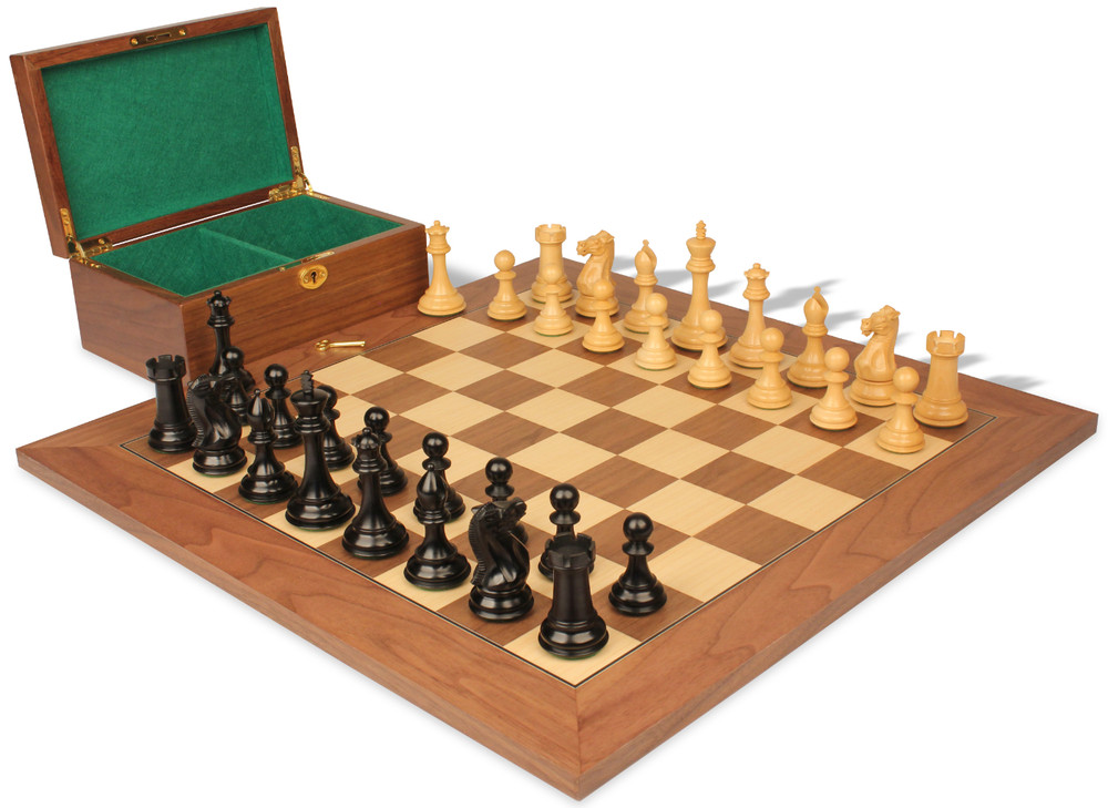 New Exclusive Staunton Chess Set Ebonized & Boxwood Pieces with Walnut & Maple Deluxe Board & Box  - 4" King