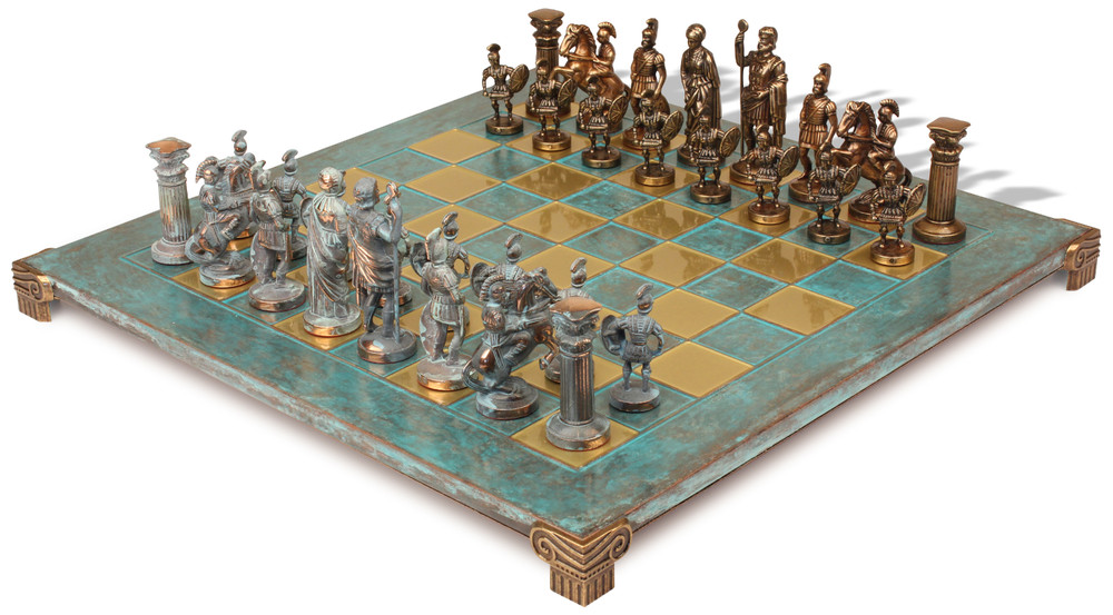 Romans Theme Chess Set with Bronze  & Blue Copper Pieces - Turquoise Board