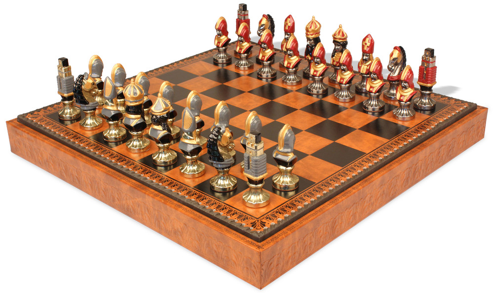Medieval Theme Hand Painted Metal Chess Set with Faux Leather Chess Board & Storage Tray