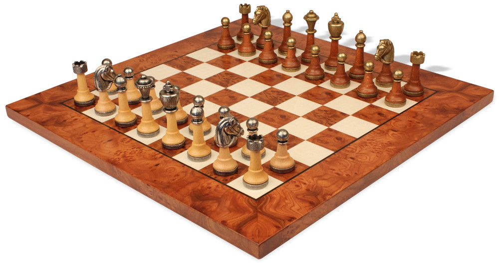 Italian Arabesque Staunton Metal & Wood Chess Set with Elm Burl Chess Board