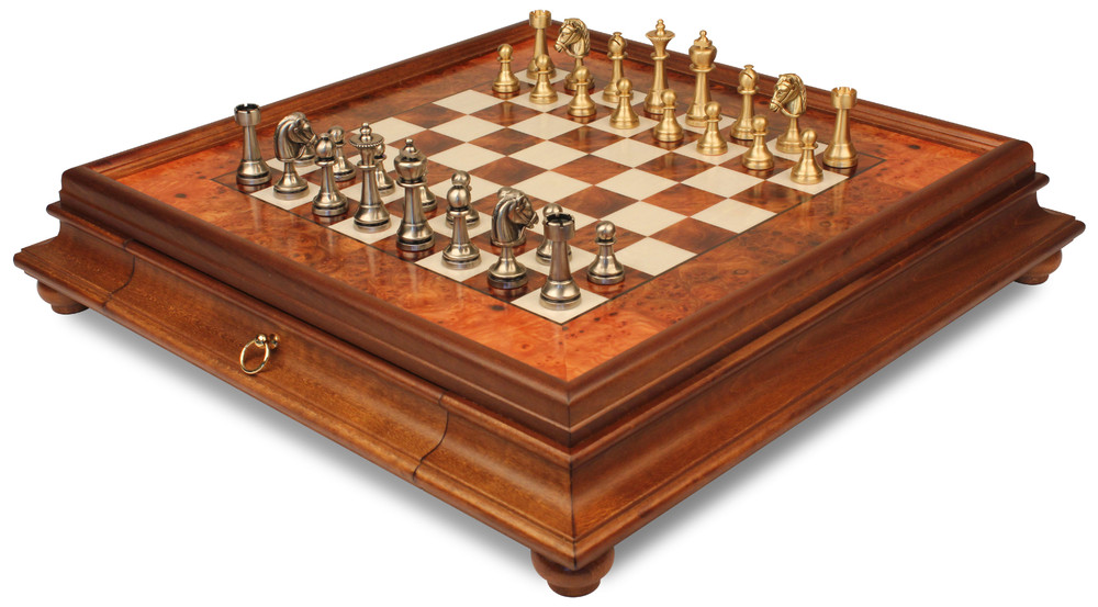 Classic Persian Staunton Solid Brass Chess with Elm Burl Chess Case