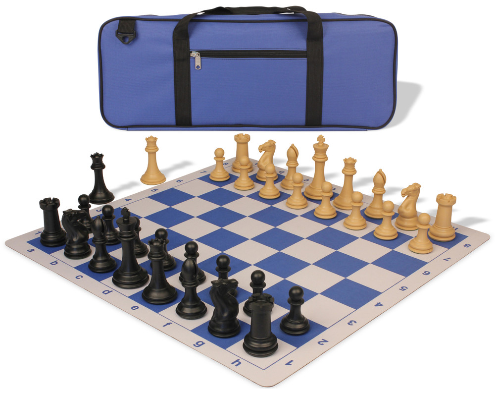 Professional Deluxe Carry-All Plastic Chess Set Black & Camel Pieces with Lightweight Floppy Board – Blue