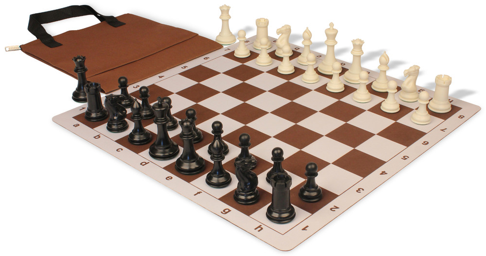 Conqueror Easy-Carry Plastic Chess Set Black & Ivory Pieces with Brown Lightweight Floppy Board Ivory Pieces View