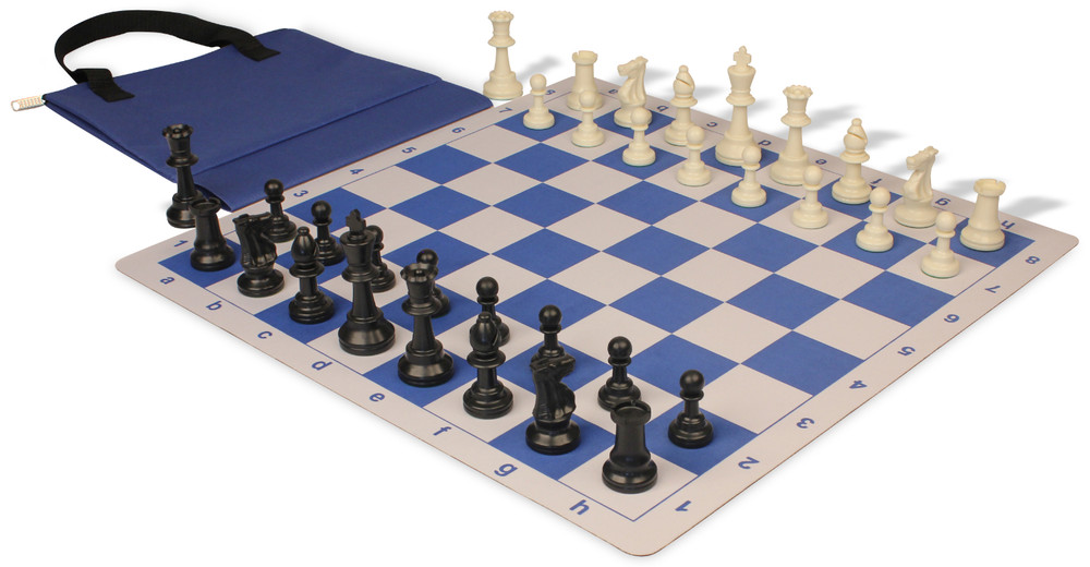 Standard Club Easy-Carry Plastic Chess Set Black & Ivory Pieces with Royal Blue Lightweight Floppy Board Ivory Pieces View