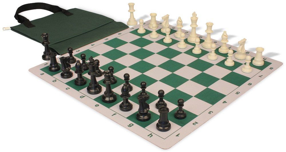Weighted Standard Club Easy-Carry Plastic Chess Set Black & Ivory Pieces with Lightweight Floppy Board - Green