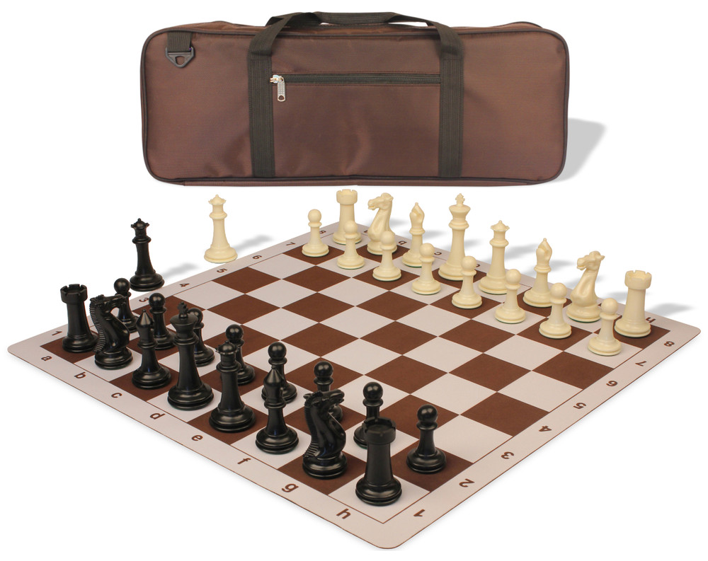 Executive Deluxe Carry-All Plastic Chess Set Black & Ivory Pieces with Lightweight Floppy Board & Bag - Brown