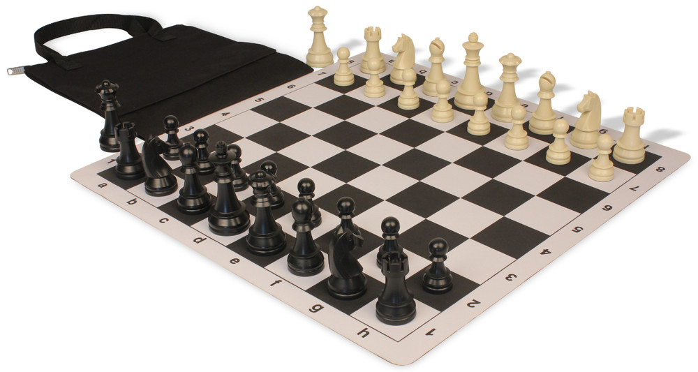 German Knight Easy-Carry Plastic Chess Set Black & Ivory Pieces with Black Lightweight Floppy Board Ivory Pieces View