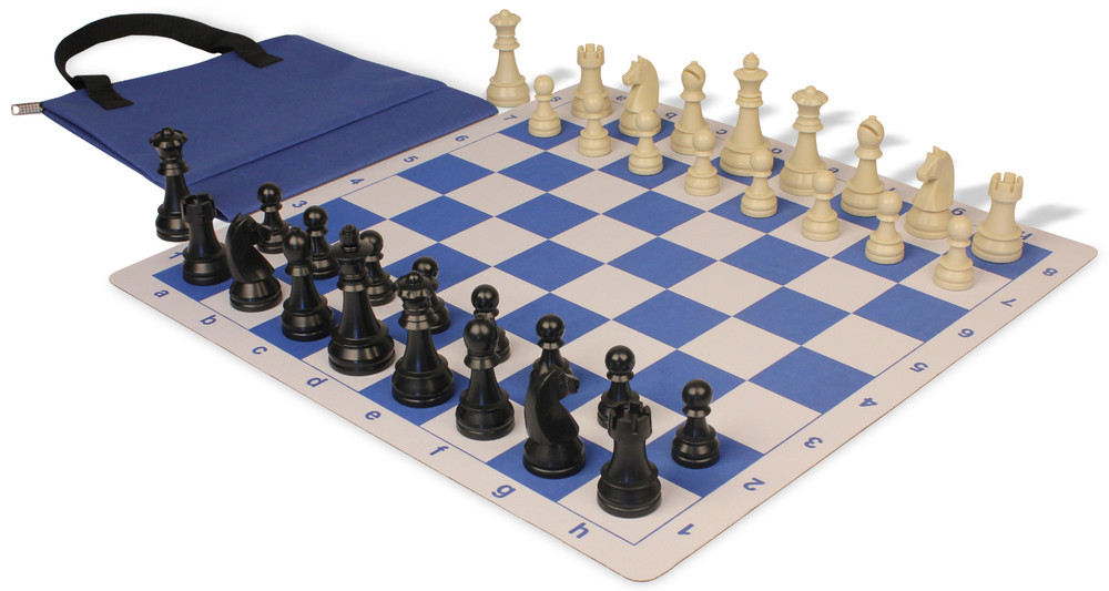 German Knight Easy-Carry Plastic Chess Set Black & Ivory Pieces with Blue Lightweight Floppy Board Ivory Pieces View