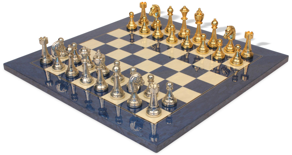 Classic Persian Staunton Solid Brass Chess Set with Blue Ash Burl