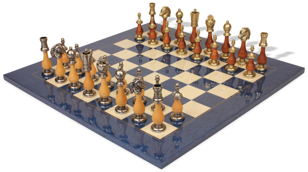 Large Italian Arabesque Staunton Metal & Wood Chess Set with Blue Ash Burl Chess Board